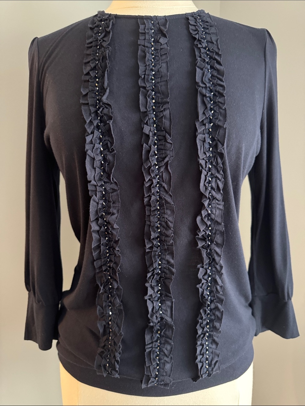 MM Couture NWT 3/4 Sleeve Ruffle Front Top - Navy, Size L